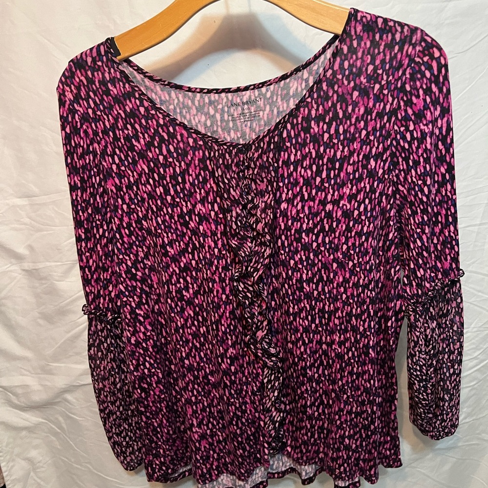 Lane Bryant Women Top 18/20 Floral V Neck Ruffle Blouse 3/4 Sleeve Pullover
